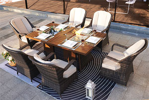 7 Piece Gas Firepit Rectangle Dining Set with 6 Standard Height Chairs